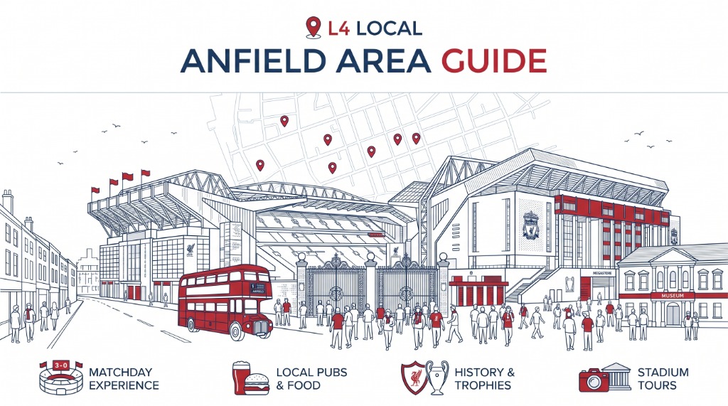 L1 Local: Anfield Area Guide illustration showing Anfield Stadium, matchday bus, Paisley Gates and local supporters
