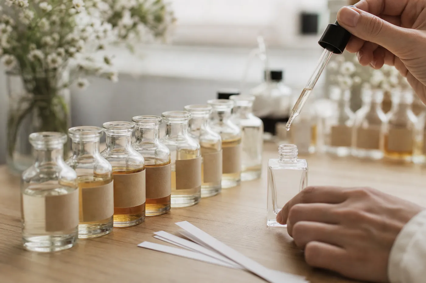Small bottles of clear and amber fragrance oils on a wooden table while a hand uses a glass pipette to add a drop to an empty perfume bottle
