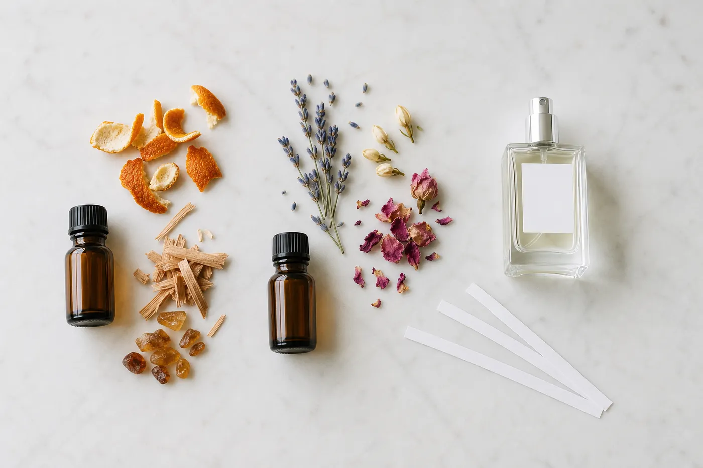 Dried orange peel, lavender, flowers, wood shavings, resin, fragrance bottles and white blotter strips arranged on a pale surface