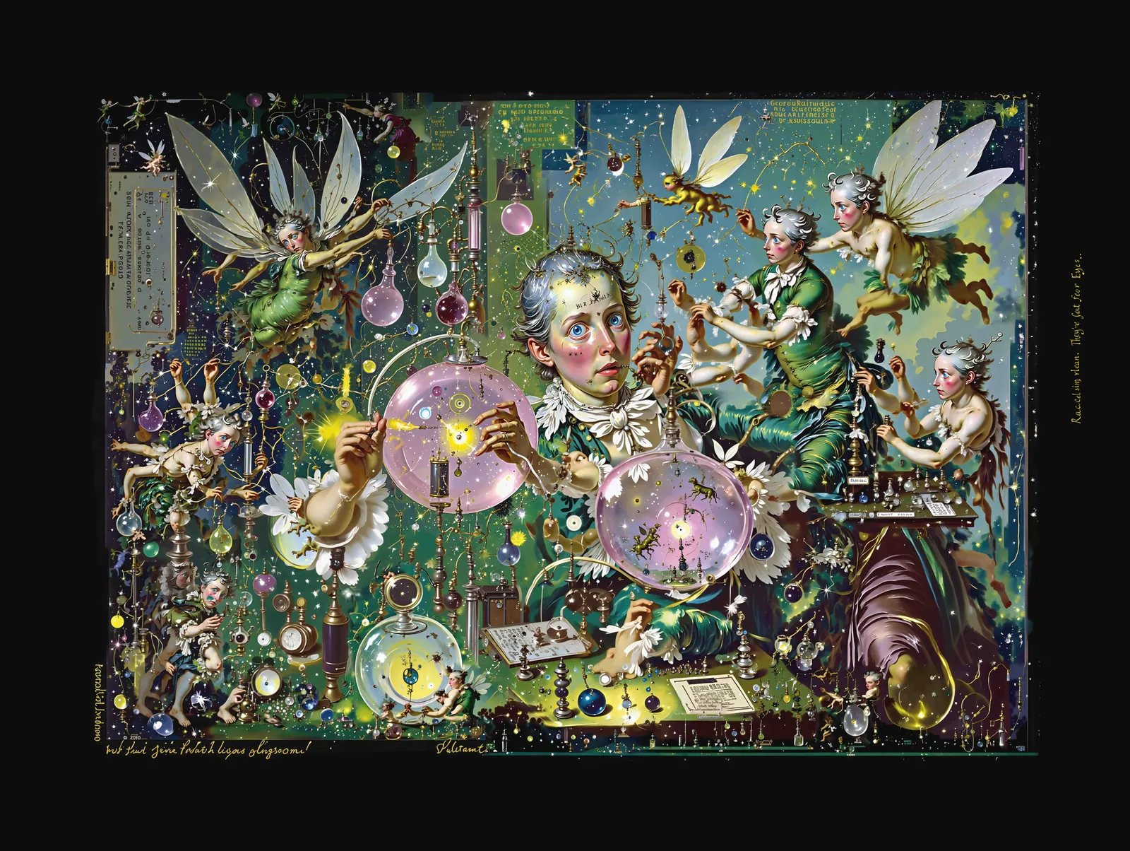 A collage-like digital artwork filled with winged figures, machinery, glass orbs and a central Victorian gentleman