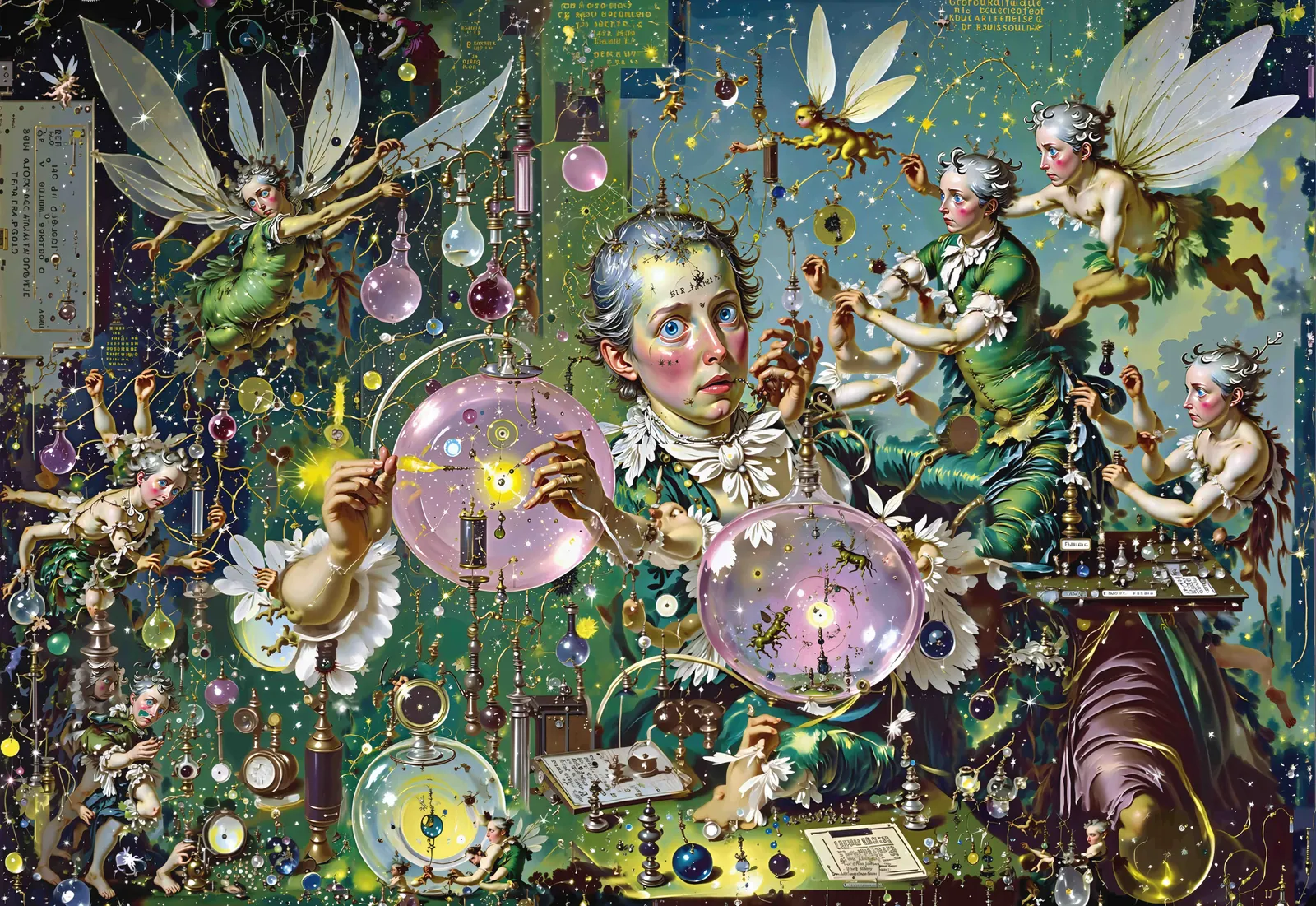 A dense fantasy collage showing winged figures, Victorian machinery, clocks and glass bubbles around a central gentleman
