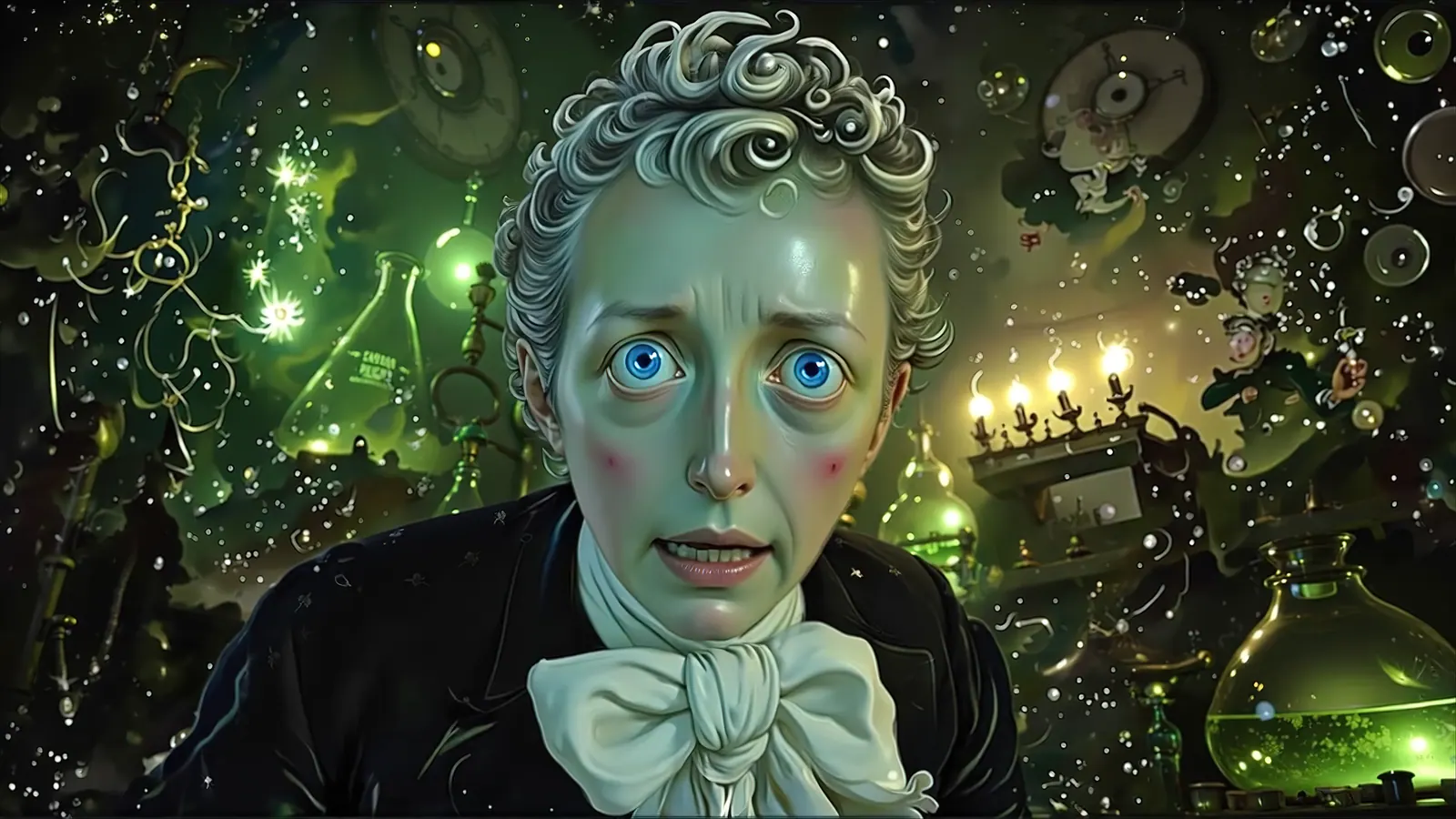 A pale Victorian gentleman with bright blue eyes looking into the camera in a green mechanical workshop