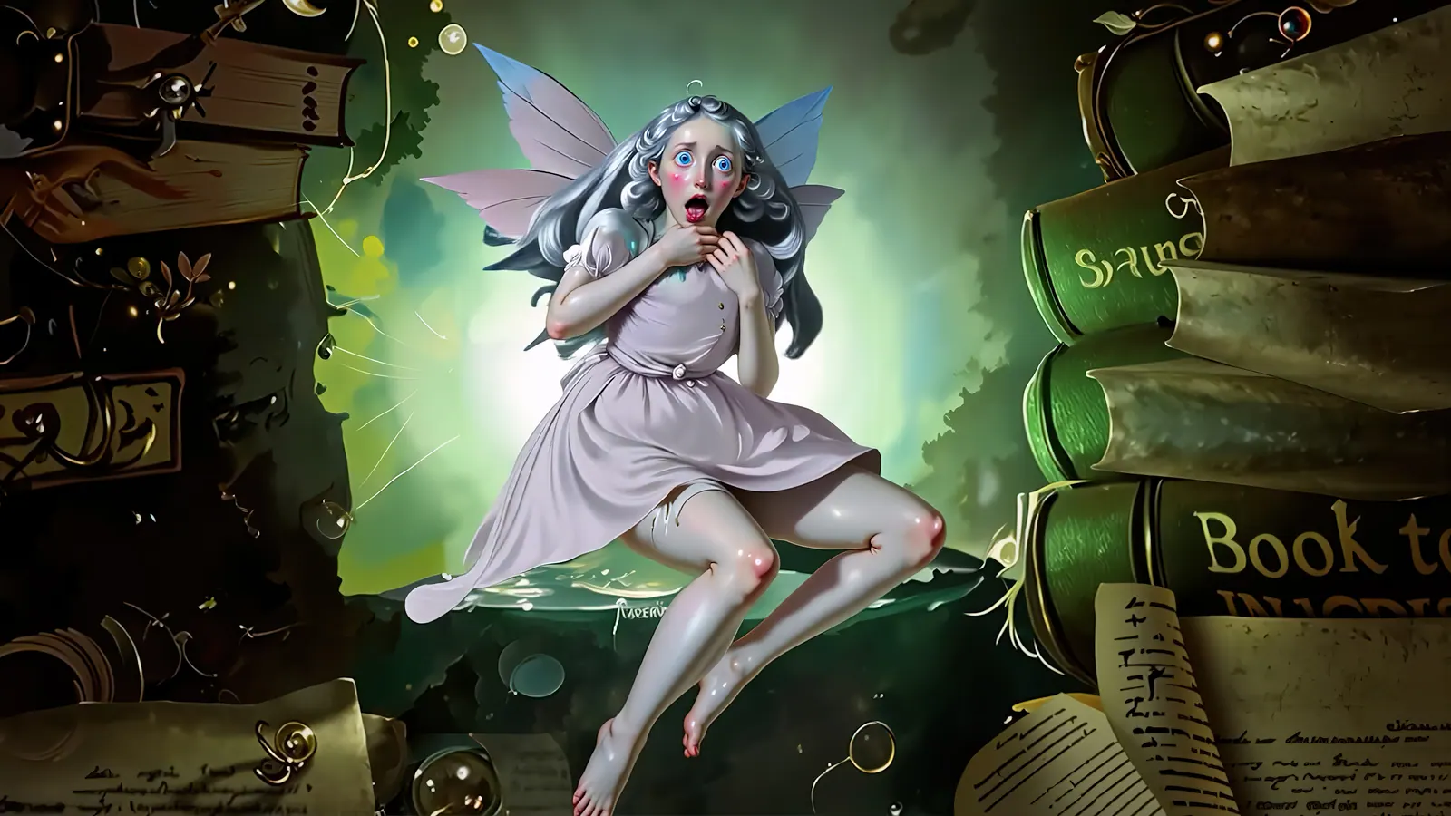 A startled white-winged fairy sitting among oversized books, pipes and dark green machinery