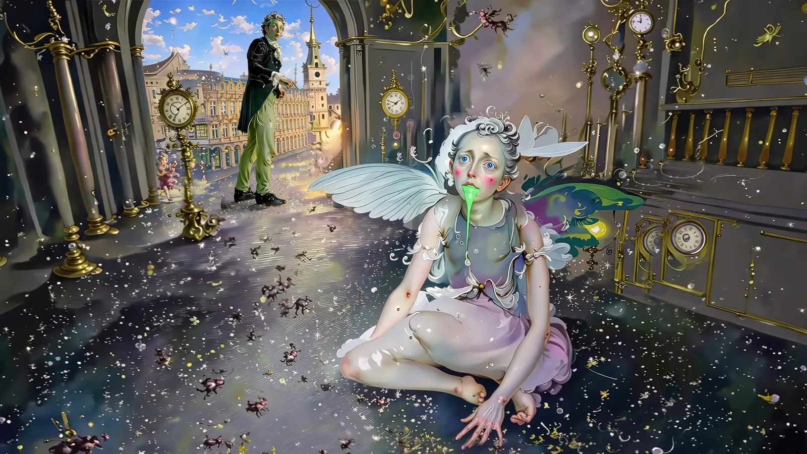 A white-winged fairy sitting on a glitter-covered floor while a tall Victorian figure stands in the background