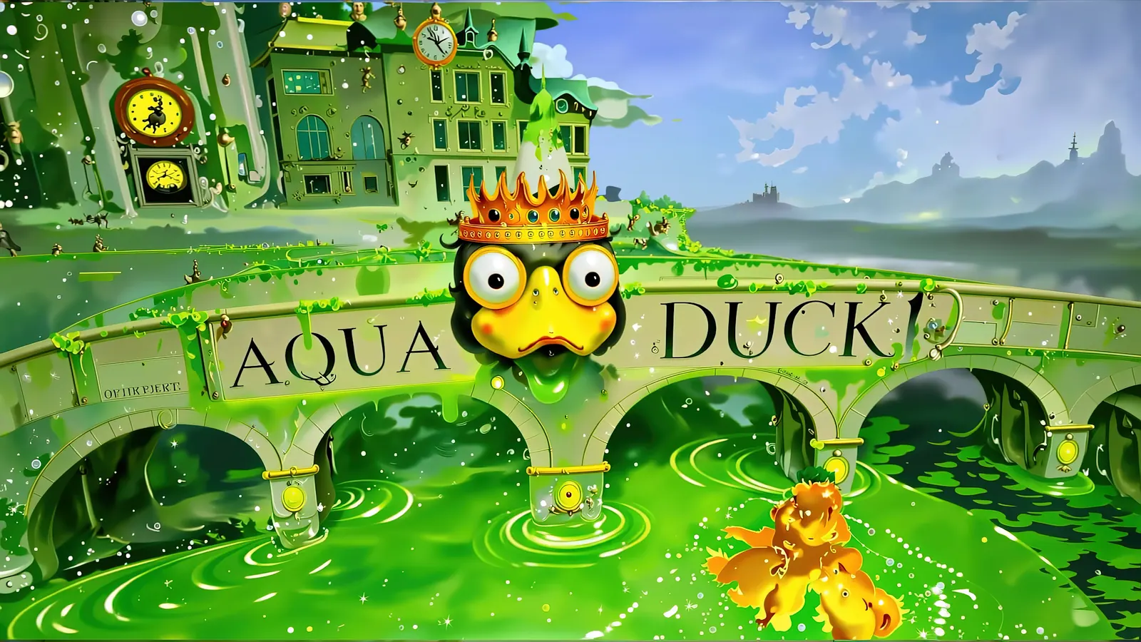 A cartoon duck face built into an aqueduct above bright green water, with the words Aqua Duck across the structure