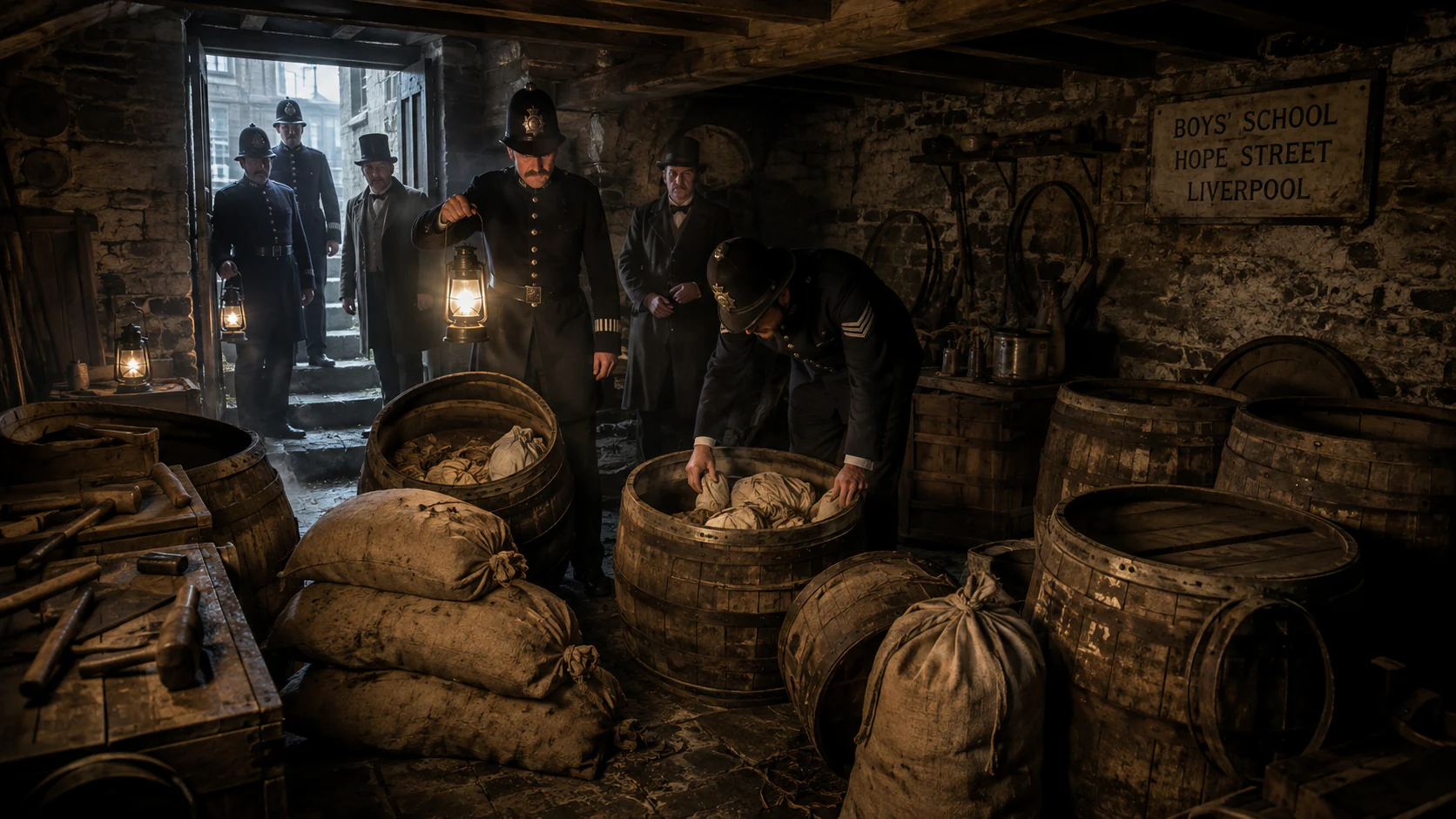 Illustrative reconstruction of officers entering the Hope Street cellar where 22 bodies were discovered in 1826