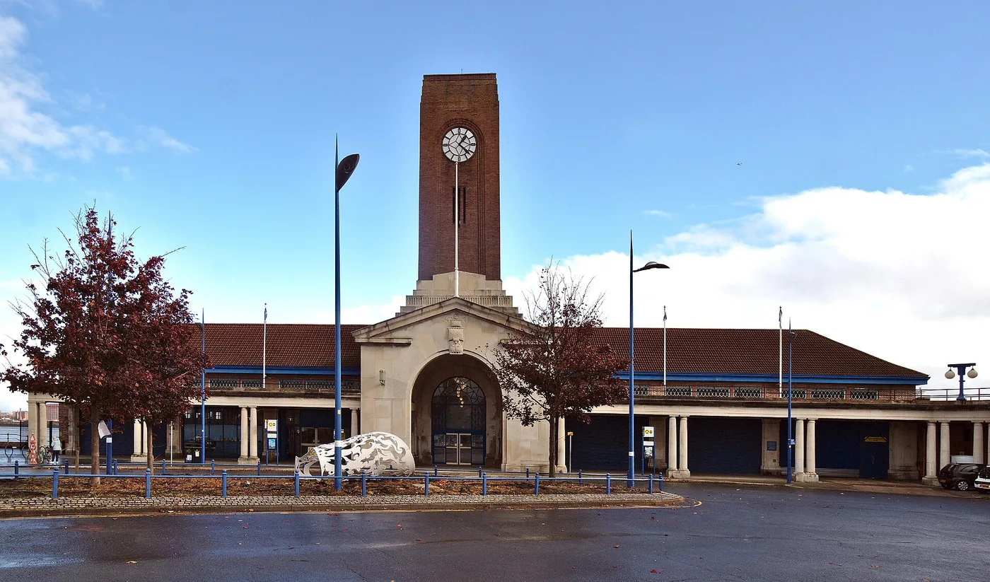 The Grade II listed Seacombe Ferry Terminal building and clock tower seen from its car park