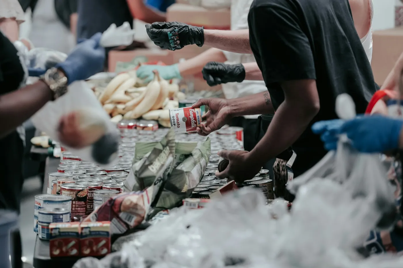 Volunteers wearing gloves sort tins and packets for food parcels