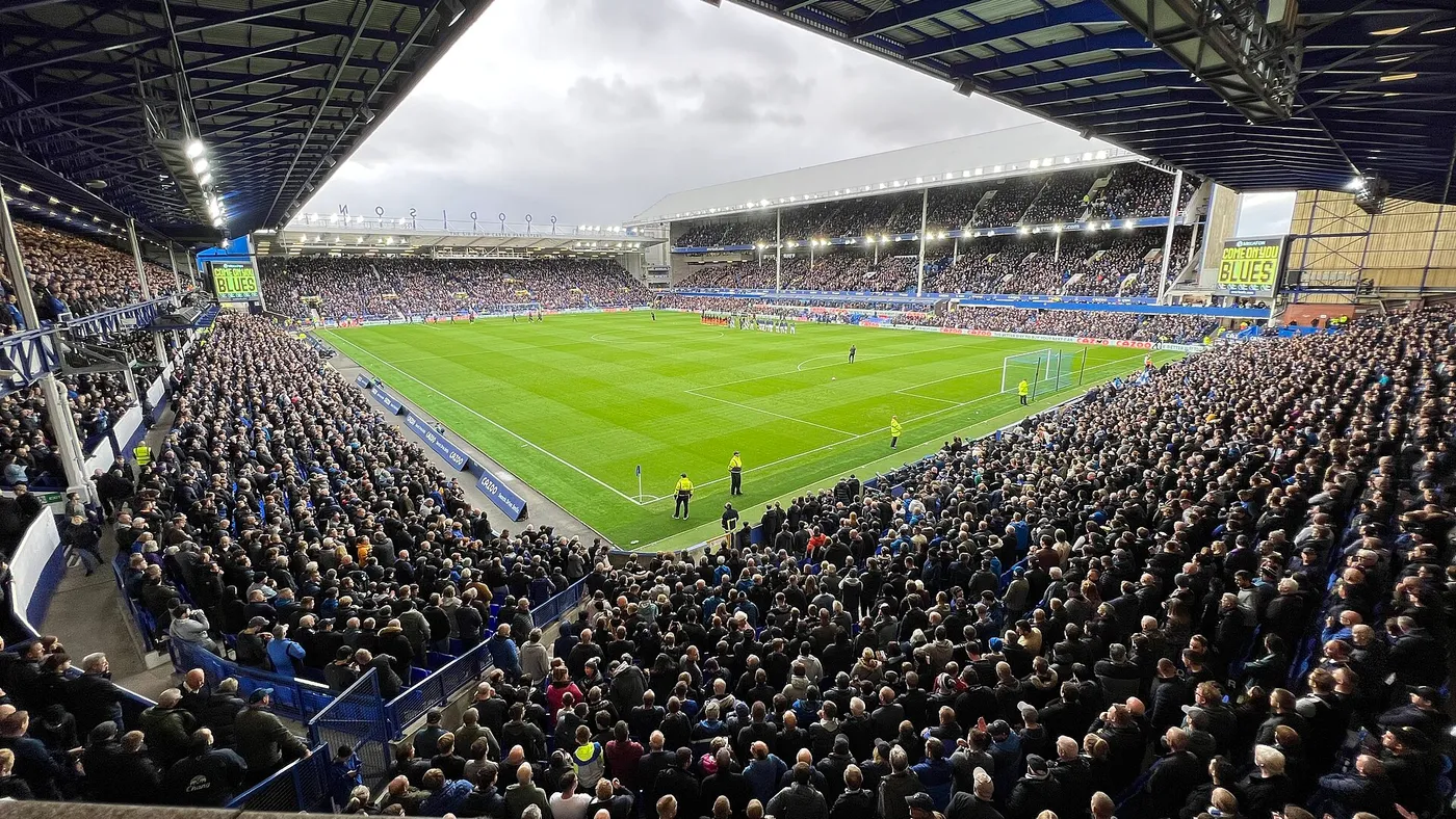 A full Goodison Park viewed from the corner of the pitch during an Everton match