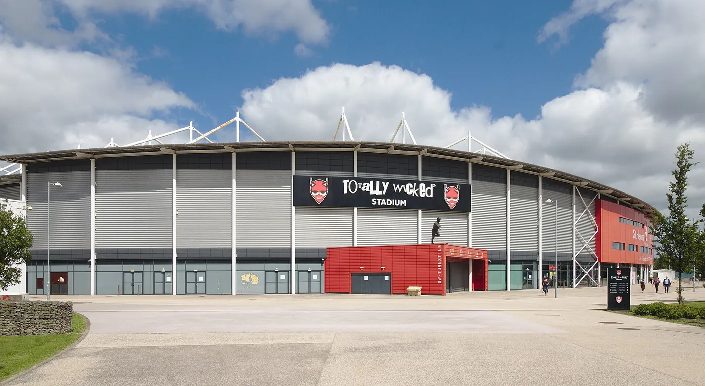 The red and white exterior of the St Helens rugby league stadium